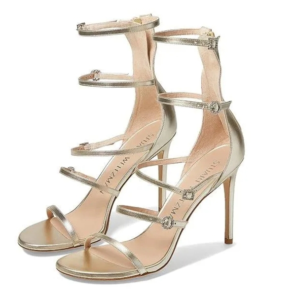 Stuart Weitzman Shoes - Stuart Weitzman Nudist Geo Crystal Geo Buckle 100mm Metallic Heels Size 10 1/2